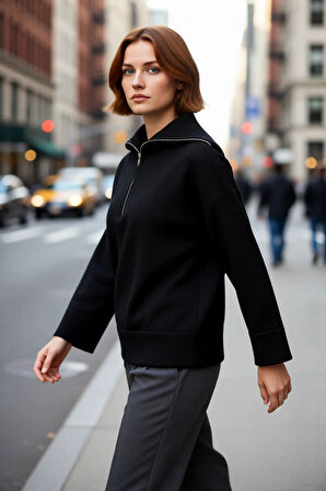 Kadın Oversize Fermuarlı Dik Yaka Triko Kazak Yumuşak Dokusuyla Günlük Konfor ve Şıklık Kaliteli