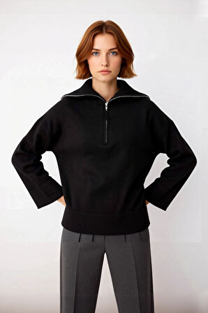 Kadın Oversize Fermuarlı Dik Yaka Triko Kazak Yumuşak Dokusuyla Günlük Konfor ve Şıklık Kaliteli