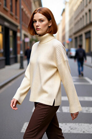 Kadın Oversize Düşük Kollu Balıkçı Yaka Triko Kazak Soğuk Havalarda Şıklık ve Konfor Sunar