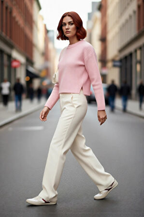 Kadın Basic Selanik Dokuma Çizgili Dik Yaka Crop Triko Kazak Günlük Konforlu Şıklık Kaliteli