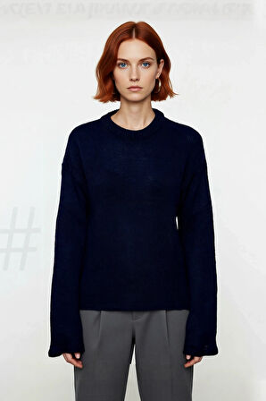 Kadın Oversize Akrilik Triko Kazak Geniş İspanyol Kol Detaylı Bisiklet Yaka Günlük Konfor Kaliteli