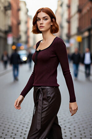 Kadın Basic Fitilli Triko Kazak Standart Kol Havuz Yaka İnce Yapısıyla Gün Boyu Konfor Sağlar