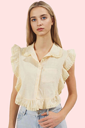 Kadın Yazlık Pamuklu Flamlı Pamuk Bluz Fırfır Detaylı Kolsuz Gömlek Yaka İş Ve Günlük Kullanım