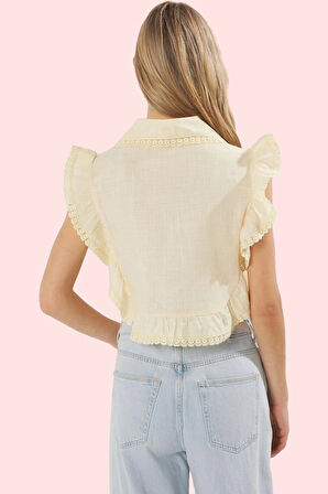 Kadın Yazlık Pamuklu Flamlı Pamuk Bluz Fırfır Detaylı Kolsuz Gömlek Yaka İş Ve Günlük Kullanım