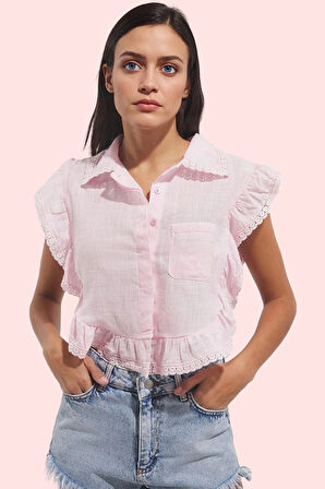 Kadın Yazlık Pamuklu Flamlı Pamuk Bluz Fırfır Detaylı Kolsuz Gömlek Yaka İş Ve Günlük Kullanım