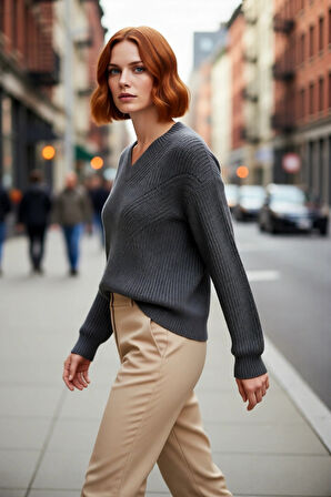 Kadın Akrilik Regular Kalıp Triko Kazak V Yaka Ajurlu Düşük Kol Kışın Günlük Kullanım İçin İdeal.