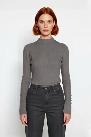 Kadın Modern Fitted Kalıp Dik Yaka Uzun Kollu Fitilli Triko Kazak Şık ve Rahat Kombinler Kaliteli