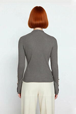 Kadın Modern Fitted Kalıp Dik Yaka Uzun Kollu Fitilli Triko Kazak Şık ve Rahat Kombinler Kaliteli