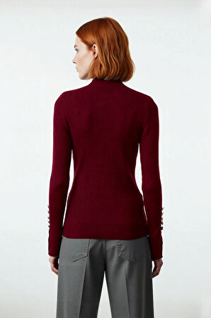 Kadın Modern Fitted Kalıp Dik Yaka Uzun Kollu Fitilli Triko Kazak Şık ve Rahat Kombinler Kaliteli