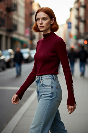 Kadın Modern Fitted Kalıp Dik Yaka Uzun Kollu Fitilli Triko Kazak Şık ve Rahat Kombinler Kaliteli