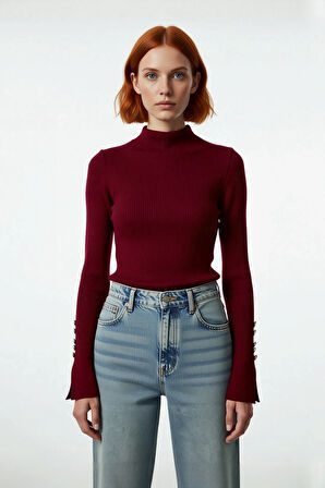 Kadın Modern Fitted Kalıp Dik Yaka Uzun Kollu Fitilli Triko Kazak Şık ve Rahat Kombinler Kaliteli