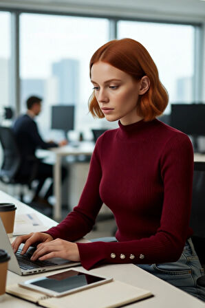 Kadın Modern Fitted Kalıp Dik Yaka Uzun Kollu Fitilli Triko Kazak Şık ve Rahat Kombinler Kaliteli