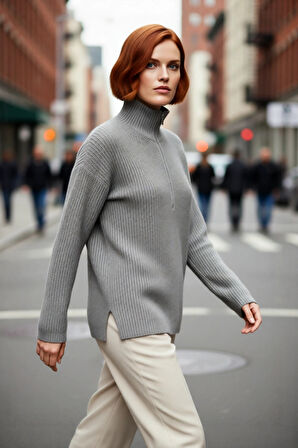 Kadın Orta Kalınlık Düşük Kol Selanik Dokuma Regular Kesim Uzun Triko Kazak Günlük Kullanıma Uygun