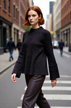 Kadın Regular Kalıp Triko Kazak Peplum Detayı Sürdürülebilir Reglan Kol Orta Kalınlık Günlük