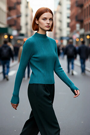 Kadın Uzun Kollu Dik Yaka Fitilli Triko Kazak Fitted Kesim Casual Giyim İçin İdeal Basic Model