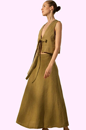 Kadın Basic Siluet Keten Midi Etek Renk Günlük Kaliteli Malzeme Yaz Aylarının Vazgeçilmezi