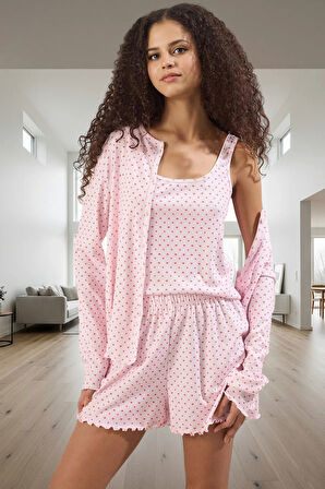 95% Polyester Pijama Takımı Kalpli Desen Boru Paça Şort Zarifane Tasarım Profesyonel Görünüm