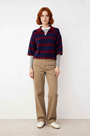 Kadın Regular Kalıp Çizgili Polo Yaka Triko Kazak İlkbahar Sonbahar İçin İdeal Basic Tasarım