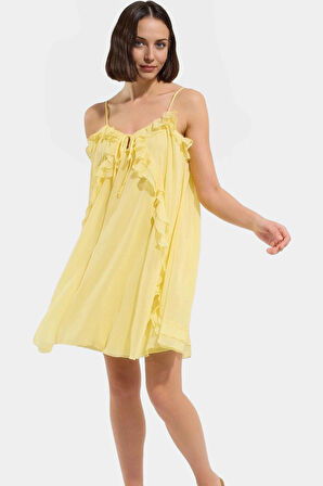 Kolsuz Mini Elbise Fırfırlı Polyester Dokuma Yazlık Düz Kesim Kaliteli İşçilik