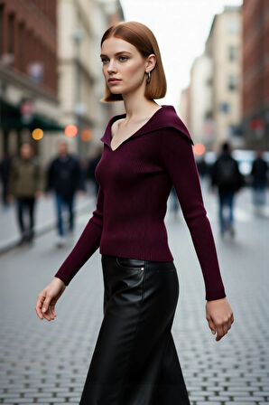 Kadın Modern Fitted Triko Bluz Devrik Carmen Yaka İnce Fitilli Dokuma Uzun Kol Crop Tasarım