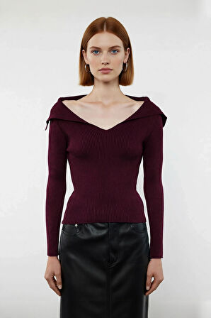 Kadın Modern Fitted Triko Bluz Devrik Carmen Yaka İnce Fitilli Dokuma Uzun Kol Crop Tasarım