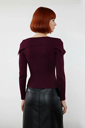 Kadın Modern Fitted Triko Bluz Devrik Carmen Yaka İnce Fitilli Dokuma Uzun Kol Crop Tasarım