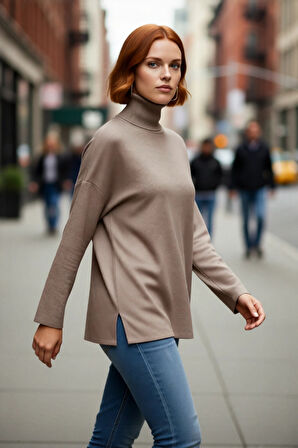 Kadınlar İçin Konforlu Oversize Basic Düşük Kol Balıkçı Yaka Triko Kazak Kış Günleri Şıklığı