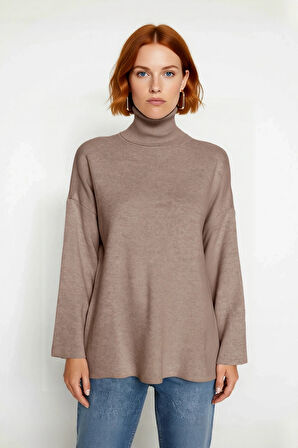 Kadınlar İçin Konforlu Oversize Basic Düşük Kol Balıkçı Yaka Triko Kazak Kış Günleri Şıklığı