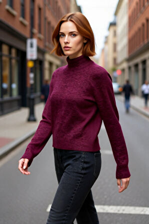 Kadın Cool Comfort Oversize Dik Yaka Triko Kazak Basic Rahat Kışlık Bordo Günlük Şıklığı Tamamlar