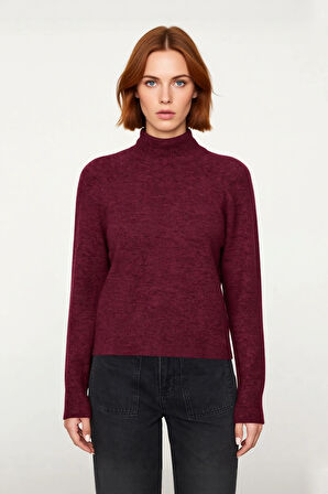 Kadın Cool Comfort Oversize Dik Yaka Triko Kazak Basic Rahat Kışlık Bordo Günlük Şıklığı Tamamlar