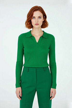 Kadınlar İçin Uzun Kollu Regular Fitilli Triko Kazak Polo Yaka Detaylı Kışlık Şık Görünüm Kaliteli