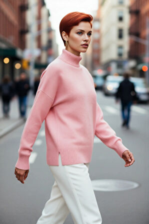 Kadın Günlük Oversize Düşük Kol Dik Yaka Uzun Triko Kazak Kışlık Şık Basic Rahatlık Sunar Kaliteli