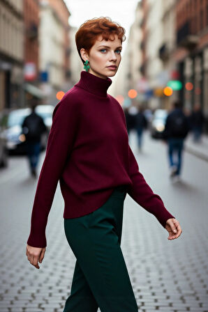 Kadın Günlük Oversize Düşük Kol Dik Yaka Uzun Triko Kazak Kışlık Şık Basic Rahatlık Sunar Kaliteli