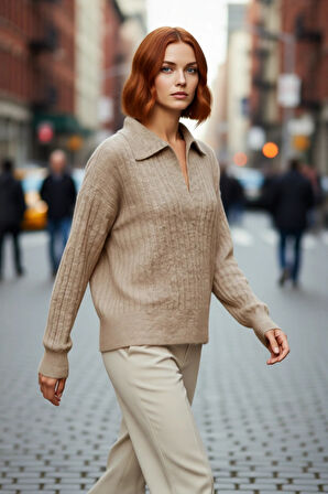 Modern Kadın Oversize Polo Yaka Triko Kazak Rahat Düşük Kol Fitilli Dokusuyla Kış Gardırobunuzun