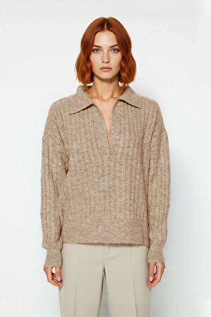 Modern Kadın Oversize Polo Yaka Triko Kazak Rahat Düşük Kol Fitilli Dokusuyla Kış Gardırobunuzun