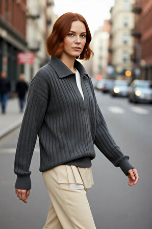 Modern Kadın Oversize Polo Yaka Triko Kazak Rahat Düşük Kol Fitilli Dokusuyla Kış Gardırobunuzun