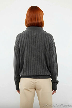 Modern Kadın Oversize Polo Yaka Triko Kazak Rahat Düşük Kol Fitilli Dokusuyla Kış Gardırobunuzun