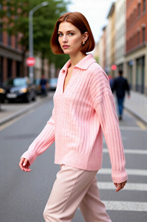 Modern Kadın Oversize Polo Yaka Triko Kazak Rahat Düşük Kol Fitilli Dokusuyla Kış Gardırobunuzun