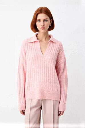 Modern Kadın Oversize Polo Yaka Triko Kazak Rahat Düşük Kol Fitilli Dokusuyla Kış Gardırobunuzun