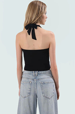 96% Viskoz 4% Elastan Kadın Örme Bluz Halter Yaka Fitted Yazlık Trend Tasarım