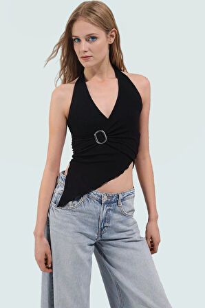 96% Viskoz 4% Elastan Kadın Örme Bluz Halter Yaka Fitted Yazlık Trend Tasarım