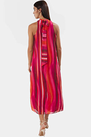 Polyester Şifon Maxi Elbise Dik Yaka Kolsuz Soyut Desen Boy Relaxed Fit Mükemmel Uyum