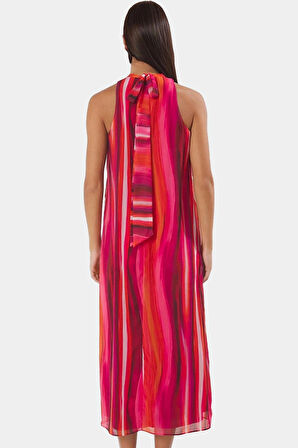 Polyester Şifon Maxi Elbise Dik Yaka Kolsuz Soyut Desen Boy Relaxed Fit Mükemmel Uyum