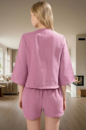 Yazlık Pijama Takımı Müslin Kumaş Şal Yaka Truvakar Kol Rahat Kesim Ve Şık