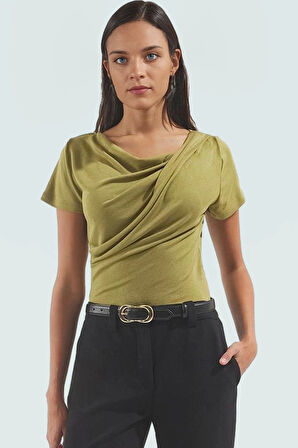 Asimetrik Yaka Basic Bluz 97 Viskoz 3 Elastan Örme Kumaş Yazlık Dayanıklı Malzeme