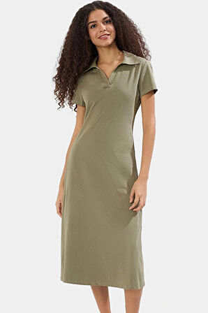 Örme Midi Elbise Rahat Şık Pamuklu Skater Kısa Kol Kaliteli İşçilik Görünüm