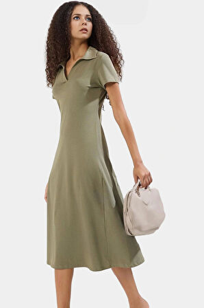 Örme Midi Elbise Rahat Şık Pamuklu Skater Kısa Kol Kaliteli İşçilik Görünüm