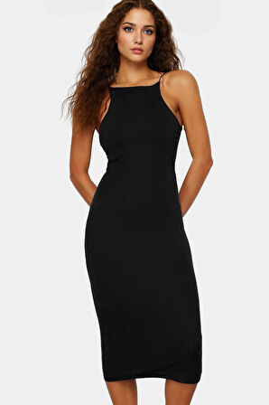 Yazlık Halter Yaka Bodycon Midi Elbise Pamuk Elastan Örme Trend Tasarım Dayanıklı Malzeme