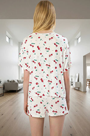 Kısa Kollu Kiraz Desenli Yazlık Pijama Takımı; Örme Viskon Rahat Kesim Premium Kalite