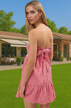 Kısa Straplez Ekose Mini Elbise Pamuk Karışımlı Yazlık Özel Tasarım Modern Stil Seçkin Malzeme